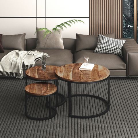 Rustic Modern Solid Wood & Iron 3-Piece Coffee Table Set, Natural ... intended for Unveiling the Natural Beauty of Navidic Coffee Table Sets